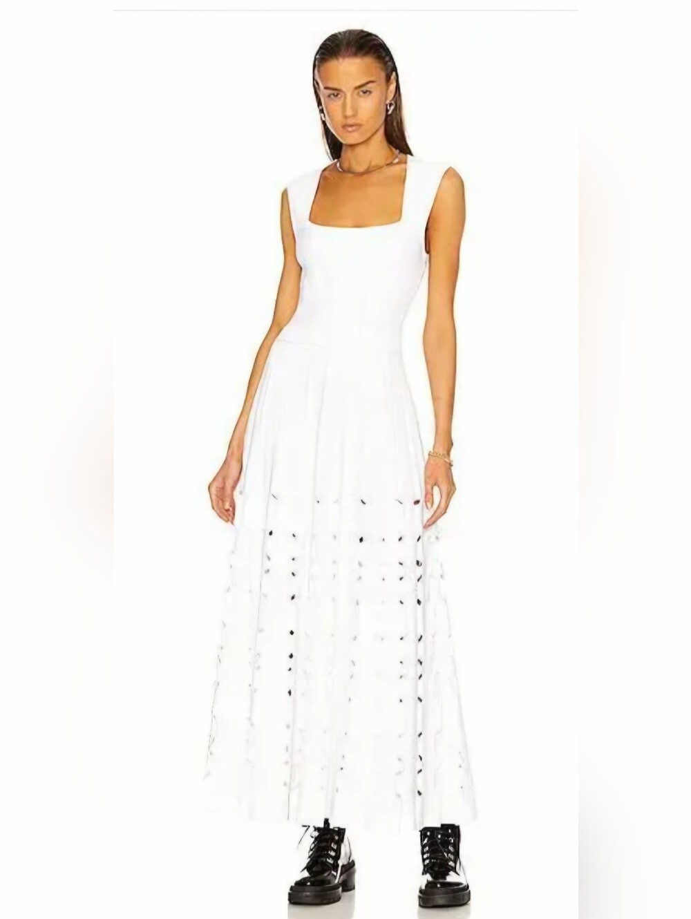ALAÏA Sleeveless Luxury Geometric Neck Long Dress In White SIZE 40 EU/4 US